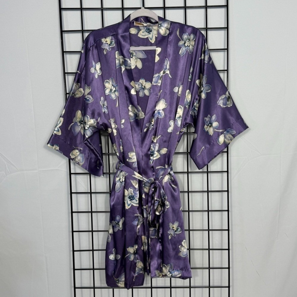 Vintage Inner Most Floral Dressing Gown Robe M/L Purple 80s Satin Travel‎